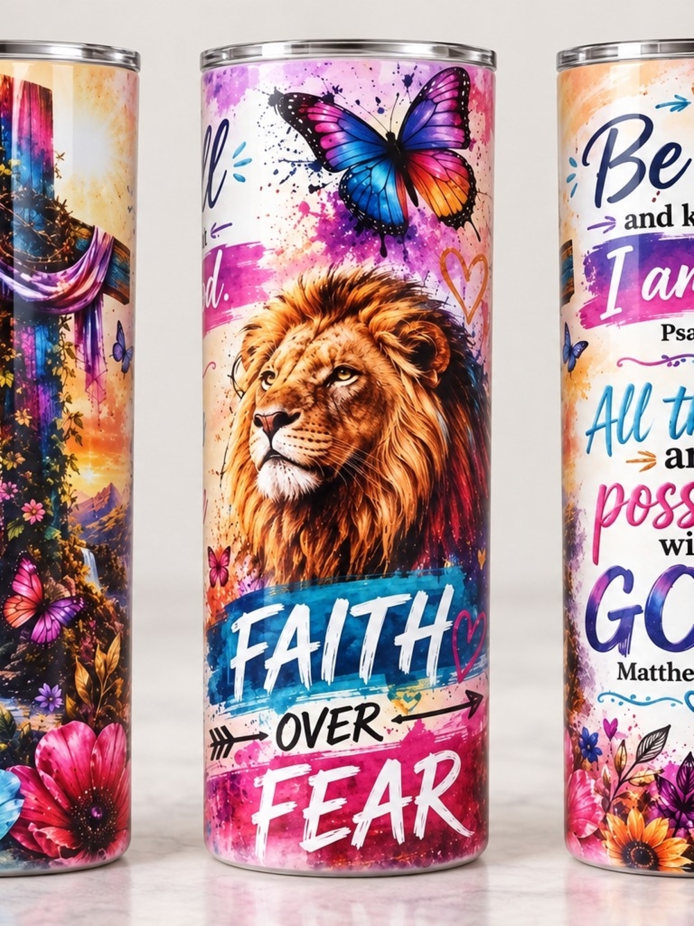 Faith Over Fear Lion Butterfly Stainless Tumbler - Pink & Blue